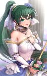  1girl bangs bare_shoulders blurry blurry_background blush breasts candle cleavage commentary_request detached_collar dress earrings fire_emblem fire_emblem:_the_blazing_blade fire_emblem_heroes frills gonzarez green_eyes green_hair hair_ornament highres jewelry large_breasts lips long_hair looking_at_viewer lyn_(bridal)_(fire_emblem) lyn_(fire_emblem) necklace official_alternate_costume open_mouth ponytail shiny shiny_hair solo sparkle strapless strapless_dress sweat sweatdrop wedding_dress white_dress 