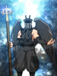  bird_wings black_nails black_wings covered_face detached_sleeves forest hakama highres holding holding_weapon japanese_clothes karasu_tengu_(megami_tensei) knot muscular muscular_male nature nura shakujou shin_megami_tensei shin_megami_tensei_iii:_nocturne staff tengu weapon wings 