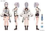  1girl back boots braid breasts character_sheet commentary_request detached_sleeves from_side full_body green_eyes grey_hair hair_between_eyes high_heel_boots high_heels highres hololive large_breasts looking_at_viewer mace multiple_views official_art ponytail shirogane_noel shorts simple_background smile standing thigh_strap watao weapon white_background 