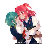  2girls bangs blue_kimono blue_vest blush bow brown_sash closed_mouth commentary_request cowboy_shot dutch_angle epaulettes green_eyes green_hair hair_bobbles hair_ornament highres japanese_clothes kimono long_sleeves looking_at_another multiple_girls obi onozuka_komachi red_bow red_eyes red_hair sash shiki_eiki shirt short_hair shouko_(airen) simple_background sleeve_bow smile touhou two_side_up vest white_background white_shirt yuri 