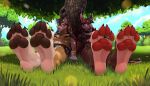  anthro black_pawpads blockman3_(artist) canid canine canis dannydumal feet food foot_focus forest fruit grass kazuk9 lying male male/male mammal pawpads paws plant soles solo tree wolf 