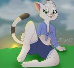  anthro barefoot clothed clothing cloud domestic_cat domini feet felid feline felis female female/female grass green_eyes hair_white humanoid jowogenfl long_tail mammal midriff partially_clothed plant solo sun sunset tongue tongue_out 