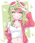  1girl :p aegissanp ahoge bangs blush_stickers bra_strap broken_heart crop_top flipped_hair goggles goggles_on_head green_eyes green_hair gumi hand_up heart heart_print highres jacket long_sleeves looking_at_viewer midriff navel off_shoulder panty_straps shading_eyes shirt short_hair_with_long_locks solo t-shirt thick_eyebrows tongue tongue_out vocaloid 