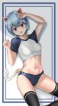  1girl animal_ear_fluff animal_ears ayanami_rei bangs black_legwear blue_buruma blue_shirt blush border breasts buruma cat_ears cat_tail commentary cowboy_shot crop_top curled_fingers dutch_angle foot_up gym_uniform hair_between_eyes hand_to_own_face hands_up highres looking_at_viewer medium_breasts midriff navel neon_genesis_evangelion parted_lips raglan_sleeves raised_eyebrows red_eyes shadow shirt short_hair short_sleeves solo striped tail thighhighs vertical_stripes wavy_mouth white_background white_shirt zana_lazy 