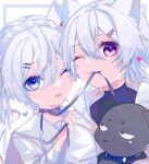  2boys animal_ears blue_eyes cat_boy cat_ears cat_tail child dog ear_piercing fang highres looking_at_viewer maid_headdress male_child male_focus multiple_boys neck_ribbon one_eye_closed original piercing purple_eyes ribbon sakakimitugetu smile stuffed_animal stuffed_toy tail tongue tongue_out 