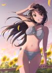  1girl armpits blue_eyes breasts flower hair_ornament hairclip highres long_hair medium_breasts navel open_mouth raiz_art_works sakurajima_mai sunflower swimsuit 