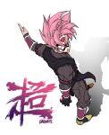  1boy armband artist_name bakarott bangs black_gloves bracer broken_mask commentary dougi dragon_ball dragon_ball_heroes from_above gloves goku_black highres long_sleeves looking_back male_focus mask outstretched_arm pink_hair red_eyes shadow simple_background single_glove solo spiked_hair white_background 