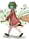  1girl :d ameyu_(rapon) animal_ears broom dog_ears dog_tail dress full_body green_eyes green_hair highres holding holding_broom kasodani_kyouko mary_janes open_mouth redrawn shoes skirt smile solo tail touhou walking 