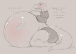  2022 anthro belly belly_inflation big_belly big_butt blush bottomwear butt clothed clothing curvaceous curvy_figure dialogue digital_media_(artwork) dinosaur english_text eyelashes eyes_closed female flat_chested greyscale heather_(susfishous) huge_butt huge_thighs hyper hyper_belly inflation looking_pleasured monochrome reptile scalie shorts solo susfishous text theropod thick_tail thick_thighs topwear tyrannosaurid tyrannosaurus tyrannosaurus_rex vein voluptuous 