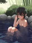  1girl absurdres adjusting_hair akts625 androgynous artist_name bamboo bamboo_forest bangs blush boulder breasts bush english_commentary foliage forest green_eyes green_hair hair_between_eyes highres kino_(kino_no_tabi) kino_no_tabi knees_up looking_at_viewer nature nude onsen partially_submerged short_hair signature sitting small_breasts solo stone tomboy tree water 