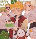  2others 4boys bangs birthday_cake black_eyes blonde_hair boku_bow cake closed_eyes cowboy_shot crying dated food frown hair_between_eyes hanagaki_takemichi happy_birthday highres holding holding_clothes holding_plate holding_shirt jacket long_sleeves male_focus matsuno_chifuyu medium_hair multiple_boys multiple_others one_eye_closed open_mouth plate red_jacket ryuuguuji_ken sano_manjirou shirt short_hair short_sleeves standing stuffed_animal stuffed_toy sunglasses tokyo_revengers white_shirt 