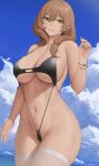  1girl absurdres bangs black_swimsuit blue_sky bracelet breasts brown_hair cloud commentary cowboy_shot day genshin_impact green_eyes hair_between_eyes hand_up highres jewelry large_breasts lisa_(genshin_impact) long_hair looking_at_viewer navel necklace parted_lips sky slingshot_swimsuit solo standing stomach strap_gap swimsuit thighhighs thighs water white_legwear zaphn 