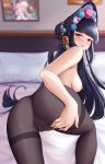  1girl absurdres arayuki_(sakurafubuki) ass bangs black_hair blunt_bangs blush bonnet breasts genshin_impact highres long_hair looking_at_viewer looking_back medium_breasts nipples pantyhose purple_hair red_eyes solo yun_jin_(genshin_impact) 