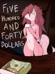  absurd_res anthro bodily_fluids breasts canid canine canis domestic_dog english_text female genitals hi_res homeless_dog inside mammal money nude ponporio_(artist) pussy solo sweat tears text wristband 