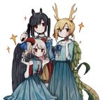  3girls :&gt; :/ absurdres alternate_hairstyle animal_ears antlers arm_warmers black_hair black_wings blue_dress blue_ribbon blue_shirt blue_skirt blush closed_mouth comb curled_horns dragon_tail dress earrings feathered_wings height_difference highres holding holding_comb horn_ornament horn_ribbon horns horse_ears jewelry jitome kicchou_yachie kurokoma_saki long_hair looking_at_viewer low_twintails medium_hair multiple_girls no_hat no_headwear pleated_skirt pointy_ears red_eyes ribbon sheep_horns shirt short_sleeves short_twintails simple_background skirt sleeveless sleeveless_dress sleeveless_shirt sparkle split_mouth sweatdrop tail touhou toutetsu_yuuma turtle_shell twintails white_background white_hair white_shirt wings yuejinlin 
