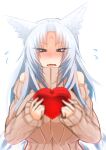  1girl animal_ears blush breasts fox_ears fox_girl heart huge_breasts kitsune kouseki0024 monster_girl original sweater white_hair 