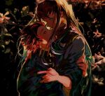  2boys bangs brown_hair checkered_clothes couple demon_slayer_uniform earrings eye_contact fishcoooo floral_background from_side garden green_eyes green_hair hand_on_another&#039;s_arm haori hug japanese_clothes jewelry kamado_tanjirou kimetsu_no_yaiba long_hair long_sleeves looking_at_another male_focus multicolored_hair multiple_boys profile red_eyes red_hair short_hair tokitou_muichirou two-tone_hair upper_body very_long_hair yaoi 