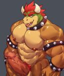  2022 abs absurd_res anthro armband balls barazoku barely_visible_balls barely_visible_genitalia biceps big_muscles big_penis bowser bracelet claws collar erection eyebrows genitals grey_background hair hi_res horn huge_muscles huge_penis humanoid_genitalia humanoid_penis istani jewelry koopa looking_at_viewer male mario_bros muscular muscular_anthro muscular_male navel nintendo nipples non-mammal_balls non-mammal_nipples nude obliques open_mouth open_smile pecs penis pubes scalie simple_background smile solo spiked_armband spiked_bracelet spiked_collar spikes standing teeth thick_penis tongue tongue_out vein video_games 