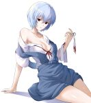  1girl absurdres arm_support ayanami_rei bandaged_arm bandages bangs blood blood_on_bandages blue_dress blue_eyes blue_hair breasts button_gap cleavage collarbone commentary_request curled_fingers dress forceps geez hair_between_eyes highres looking_at_viewer neck_ribbon neon_genesis_evangelion no_bra off_shoulder open_clothes open_shirt parted_lips partial_commentary partially_unbuttoned pinafore_dress red_eyes red_ribbon ribbon school_uniform shadow short-sleeved_sweater short_hair short_sleeves simple_background single_bare_shoulder sitting solo sweater white_background 