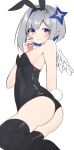  1girl alternate_costume amane_kanata angel_wings animal_ears ass asymmetrical_hair black_hairband black_legwear black_leotard blue_hair blush breasts closed_mouth colored_inner_hair commentary_request fake_animal_ears feathered_wings feet_out_of_frame film_grain from_side grey_hair hairband halo highres hololive legs_together leotard lying medium_hair multicolored_hair on_side oversized_breast_cup playboy_bunny purple_nails rabbit_tail shiny shiny_clothes shiny_hair sideboob simple_background small_breasts smile solo star_halo tail thighhighs thighs virtual_youtuber white_background wings yubinobansoukoo 