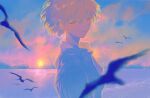  1boy bangs bird blurry collared_shirt depth_of_field fishcoooo floating_hair from_side grey_hair highres horizon light_smile looking_at_viewer looking_to_the_side male_focus nagisa_kaworu neon_genesis_evangelion ocean outdoors pants red_eyes sad school_uniform seagull shirt short_hair silhouette sky solo sun twilight upper_body white_shirt 