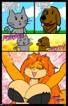  2019 absurd_res ambiguous_gender anthro apricot_(viroveteruscy) big_breasts blush breasts canid canine canis clothing cloud collar comic domestic_cat domestic_dog english_text eyes_closed felid feline felis female fur grass group hair hi_res huge_breasts mammal multicolored_body multicolored_fur open_mouth orange_body orange_fur orange_hair plant rodent sciurid sky text topwear trio two_tone_body two_tone_fur viroveteruscy warning_cream_filled 