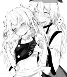  2girls apron blush bow braid groping hair_bow hand_under_clothes hand_under_shirt hat kirisame_marisa leon0705 long_hair matara_okina monochrome multiple_girls navel no_hat no_headwear sexual_harassment shirt side_braid simple_background single_braid smile touhou white_background 