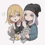  2girls beanie black_headwear blonde_hair blue_eyes blush can collarbone deformed grey_hair hand_under_clothes hand_under_shirt hat looking_at_another multiple_girls original piercing scar scar_on_arm self_harm shirt sweatdrop tabao white_background yuri 