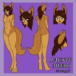  1:1 4_toes absurd_res anthro brown_body brown_fur brown_hair brown_nose butt canid canine canis digitigrade feet female fluffy fluffy_tail fur genitals green_eyes hair hair_over_eye hands_behind_back hi_res inner_ear_fluff jackal jackie_hiero mammal model_sheet multiple_poses nipples nude one_eye_obstructed pose pussy solo standing the_man toes translucent translucent_hair tuft 