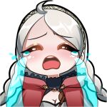  ahoge bangs braid breasts capelet chest_harness cleavage commission commissioner_upload crying deliichan5 emoji fire_emblem fire_emblem_fates grey_hair hairband harness hood hooded_capelet leather_strap lowres nina_(fire_emblem) non-web_source open_mouth red_hood tears teeth turtleneck twin_braids upper_teeth 