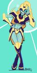  1girl alien black_footwear blue_eyes boots elita_one hand_on_hip mecha one_eye_closed panties robot sandlake solo transformers transformers_animated underwear yellow_panties 