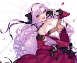  absurdres bangs black_gloves black_hairband breasts chest_tattoo claw_ring cleavage dress drill_hair fang gloves hairband hand_to_own_mouth highres hyakumantenbara_salome izulizuru large_breasts laughing leaning_back light_purple_hair long_hair looking_at_viewer nijisanji off-shoulder_dress off_shoulder ojou-sama_pose open_mouth parted_bangs purple_eyes purple_hairband purple_ribbon quad_drills red_dress red_sleeves ribbon scorpion_tattoo smile tattoo tsurime very_long_hair virtual_youtuber 