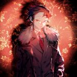  1boy bespectacled black_jacket collared_shirt earrings fishcoooo formal fur-trimmed_jacket fur_trim glasses highres jacket jewelry kamado_tanjirou kimetsu_no_yaiba long_sleeves looking_at_viewer male_focus necktie patterned_background pince-nez red_background red_eyes red_hair red_necktie red_theme scar scar_on_face scar_on_forehead shirt short_hair solo suit upper_body 