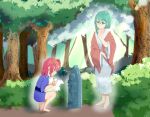  2girls absurdres alternate_costume asymmetrical_hair bangs barefoot blue_kimono bush child closed_mouth commentary_request day female_child flower forest full_body ghost grass green_eyes green_hair haori highres holding holding_flower jacket japanese_clothes jizou kimono looking_at_another multiple_girls nature one_side_up onozuka_komachi orange_jacket outdoors red_eyes red_flower red_hair shiki_eiki short_hair shouko_(airen) smile touhou tree white_kimono yellow_flower younger 