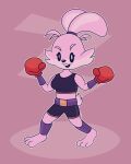  3_toes anthro athletic athletic_female barefoot boxing_gloves boxing_shorts clothing feet female handwear hi_res lagomorph leporid luvby mammal paws rabbit simple_background solo toes 