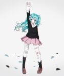  1girl arm_up asymmetrical_legwear bandaged_fingers bandaged_neck bandages bandaid bandaid_on_face bandaid_on_leg bangs blood blue_eyes blue_hair chromatic_aberration collared_shirt cuts hatsune_miku highres hynori injury legs_apart loafers long_hair long_sleeves looking_at_viewer open_mouth pleated_skirt popped_collar rolling_girl_(vocaloid) shirt shoes skirt socks solo sweater twintails uneven_legwear v-shaped_eyebrows vocaloid 