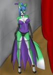  anklet anthro aventis aventis_vixxx blue_hair bracelet breasts brown_eyes canid canine choker clothed clothing corset eyeshadow female fishnet footwear fox fur gloves green_fur hair high_heels jewelry legwear lingerie makeup mammal necklace pentagram shoes skirt smile solo stockings 