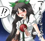  1boy 1girl black_hair blush brown_eyes disembodied_penis emoticon hetero long_hair penis penis_in_eye reiuji_utsuho ribbon shimo_(depthbomb) solo_focus touhou translated what wings 