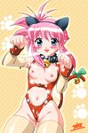  :d animal_ears bell bell_collar blue_eyes blush breastless_clothes breasts cat_ears cat_tail choker collar copyright_request detached_sleeves fake_animal_ears highleg highleg_leotard jingle_bell leotard midriff navel nipples oota_takeshi open_mouth paw_pose paw_print pink_hair red_leotard ribbon shiny shiny_clothes short_hair signature small_breasts smile solo spiked_hair tail tail_bell tail_ribbon thighhighs wedgie wrist_cuffs yellow_legwear 
