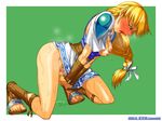  aozoraichi ass blonde_hair blush braid breasts censored green_eyes kneeling long_hair masturbation medium_breasts no_panties open_clothes open_shirt pubic_hair pussy pussy_juice shirt skirt skirt_lift solo sophitia_alexandra soulcalibur sweat tongue 