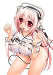  bottomless breast_squeeze breasts cum cum_on_body cum_on_breasts cum_on_upper_body headphones kouki_kuu large_breasts long_hair nitroplus pink_hair red_eyes see-through solo super_sonico 