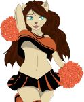  2019 anthro blue_eyes breasts brown_hair brown_nose cheerleader clothed clothing digital_media_(artwork) eyebrows fangs felid female front_view fur hair lion long_hair mammal midriff nitroxzor open_mouth pantherine pom_poms portrait simple_background skirt solo standing tan_fur three-quarter_portrait under_boob white_background 