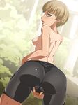  arched_back ass baanin back bent_over bike_shorts breasts dutch_angle foreshortening from_behind light_brown_eyes light_brown_hair looking_back nipples persona persona_4 satonaka_chie shiny shiny_clothes shirt_tan short_hair skin_tight small_breasts solo spread_pussy_under_clothes sweat tan tanline topless 