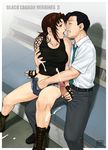  1girl azasuke black_lagoon breasts censored cum cum_on_body cum_on_lower_body ejaculation fingerless_gloves gloves hand_in_panties handjob hetero medium_breasts mosaic_censoring mutual_masturbation okajima_rokuro panties penis revy_(black_lagoon) underwear 