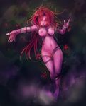  breasts copyright_request kara_(color) large_breasts long_hair navel nipples nude plant pussy_juice red_eyes red_hair solo thorns tongue vines wide_hips 