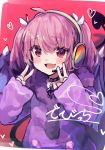  1girl ahoge blush brooch choker commentary cowboy_shot debidebi_debiru demon_tail demon_wings devicchi fang hair_ribbon headset heart jewelry looking_at_viewer nijisanji open_mouth pink_hair purple_hoodie purple_wings rainbow red_eyes ribbon roll_okashi sketch sleeves_past_wrists tail two_side_up v_v virtual_youtuber white_ribbon wings 