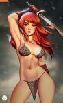  abs armor armpits bikini_armor didi_esmeralda gloves highres jewelry long_hair navel necklace patreon_username pauldrons red_hair red_sonja red_sonja_(comics) scale_armor signature sword toned weapon yellow_eyes 