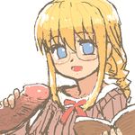  artist_request blonde_hair book glasses handjob lowres penis ribbon rune_factory rune_factory_1 solo_focus tori_(rune_factory) 