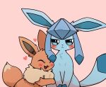  2022 ambiguous_gender blue_body blue_eyes blue_fur blue_skin blush blush_lines bodily_fluids brown_body brown_fur cute_fangs dipstick_tail duo eevee eeveelution embrace eyes_closed fluffy_ears flushed fur glaceon hi_res hug kemono looking_away markings narrowed_eyes nintendo open_mouth park_horang pink_background pok&eacute;mon pok&eacute;mon_(species) simple_background sweat sweatdrop tail_markings video_games 