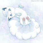 2020 alolan_vulpix animal_focus blue_eyes dated fluffy full_body kemonomichi_(blue_black) looking_at_viewer lying no_humans on_back pokemon snowflakes solo white_background 